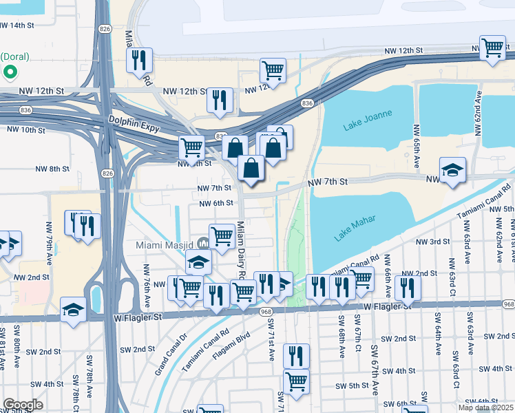 map of restaurants, bars, coffee shops, grocery stores, and more near 555 Northwest 72nd Avenue in Miami