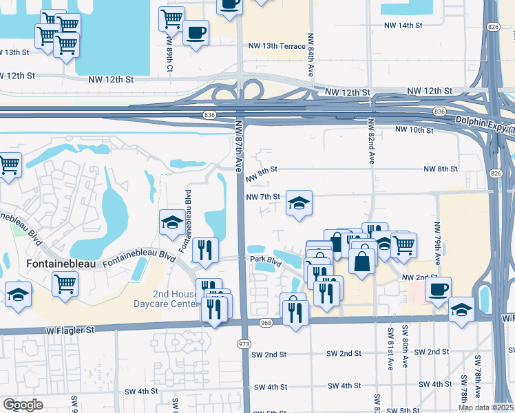 map of restaurants, bars, coffee shops, grocery stores, and more near 650 Northwest 86th Place in Miami