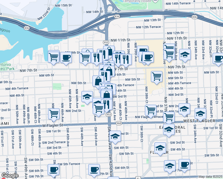 map of restaurants, bars, coffee shops, grocery stores, and more near 4115 Northwest 4th Street in Miami