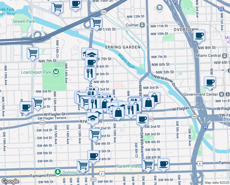 map of restaurants, bars, coffee shops, grocery stores, and more near 219 Northwest 10th Avenue in Miami