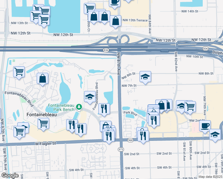map of restaurants, bars, coffee shops, grocery stores, and more near 8895 Fontainebleau Boulevard in Miami