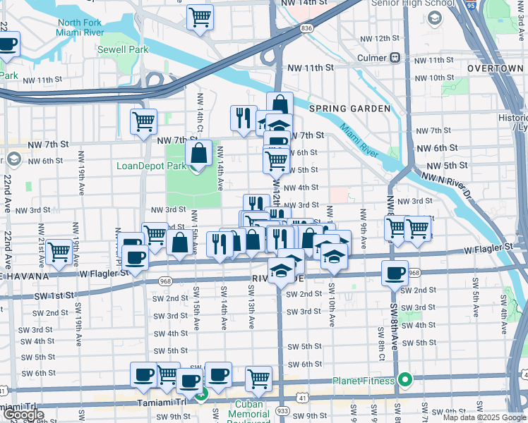 map of restaurants, bars, coffee shops, grocery stores, and more near 1240 Northwest 3rd Street in Miami