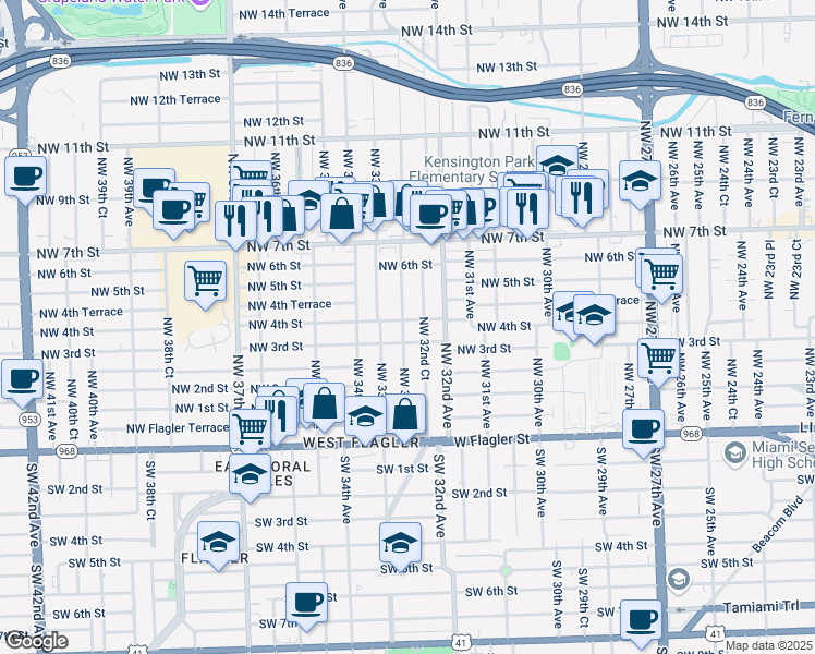 map of restaurants, bars, coffee shops, grocery stores, and more near 310 Northwest 32nd Court in Miami