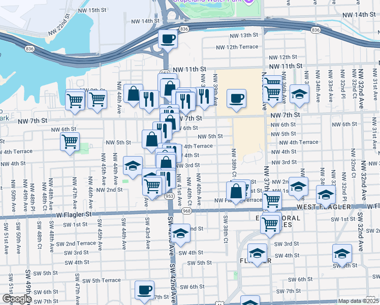 map of restaurants, bars, coffee shops, grocery stores, and more near 401 Northwest 40th Court in Miami