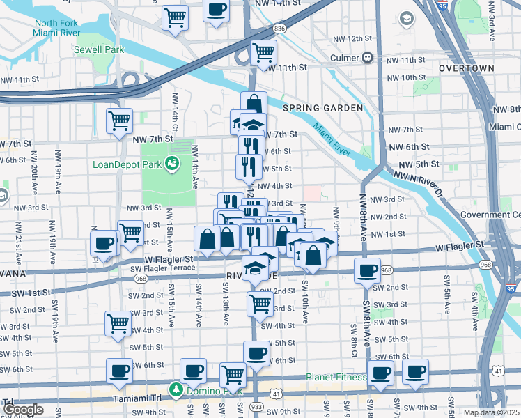 map of restaurants, bars, coffee shops, grocery stores, and more near 1152 Northwest 3rd Street in Miami