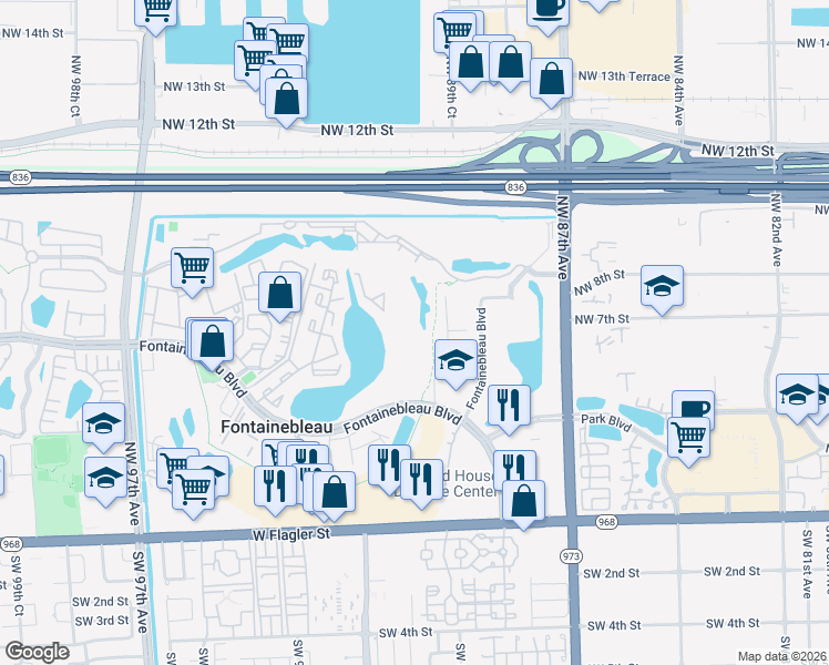 map of restaurants, bars, coffee shops, grocery stores, and more near 9171 Fontainebleau Boulevard in Miami