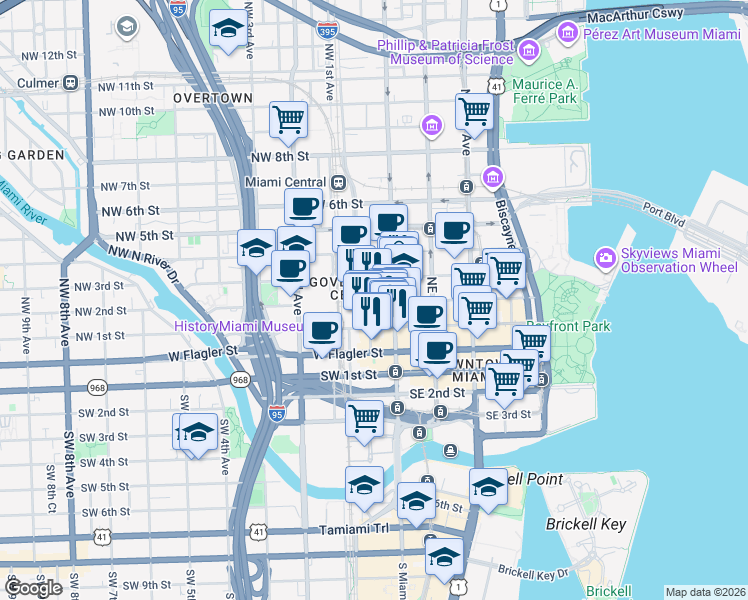 map of restaurants, bars, coffee shops, grocery stores, and more near 41 Northwest 2nd Street in Miami