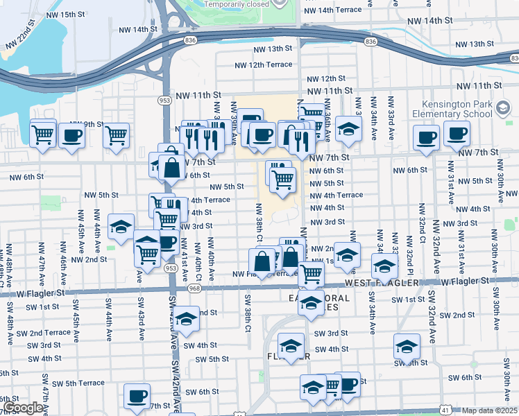 map of restaurants, bars, coffee shops, grocery stores, and more near 401 Northwest 38th Court in Miami
