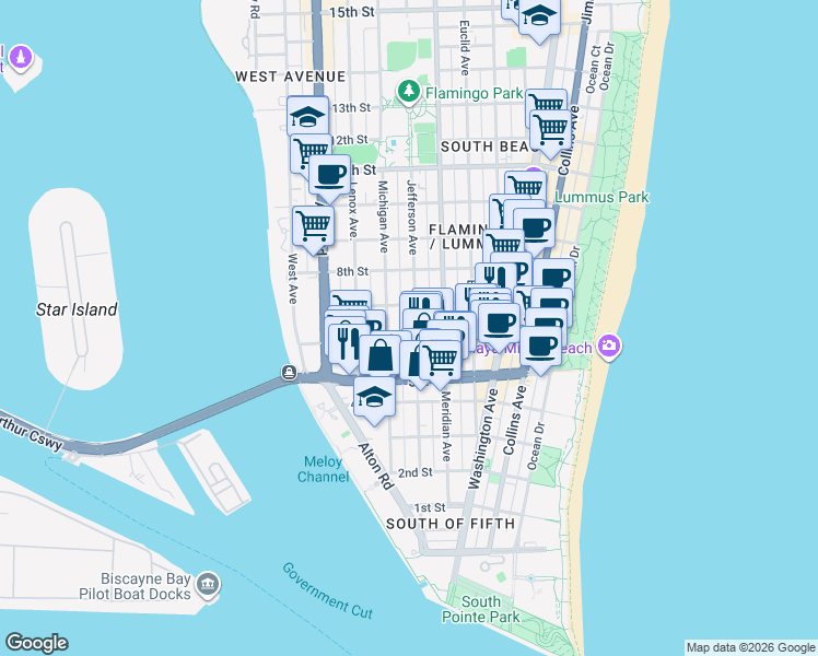 map of restaurants, bars, coffee shops, grocery stores, and more near 610 Jefferson Avenue in Miami Beach