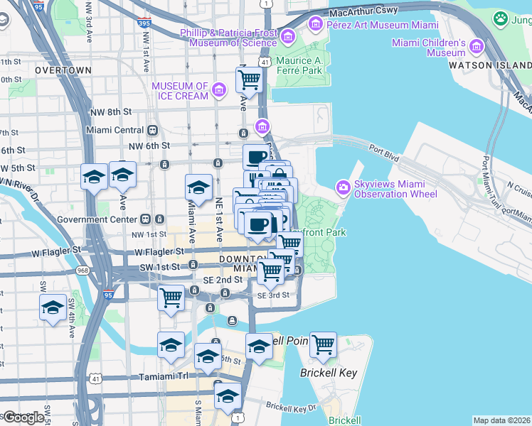 map of restaurants, bars, coffee shops, grocery stores, and more near 137 Northeast 3rd Avenue in Miami