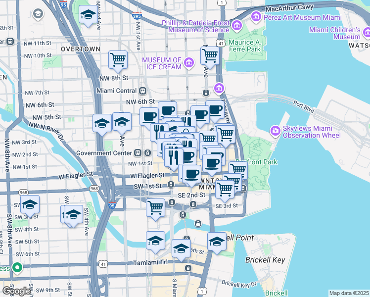 map of restaurants, bars, coffee shops, grocery stores, and more near 36 Northeast 2nd Street in Miami