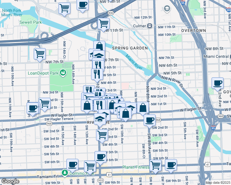map of restaurants, bars, coffee shops, grocery stores, and more near 1046 Northwest 3rd Street in Miami