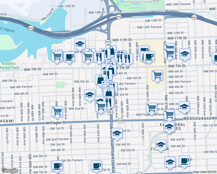 map of restaurants, bars, coffee shops, grocery stores, and more near 4115 Northwest 4th Street in Miami