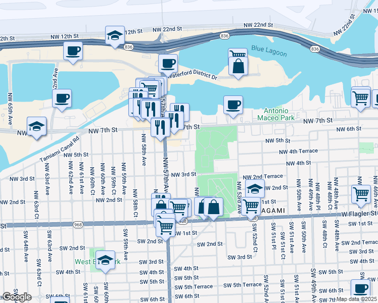 map of restaurants, bars, coffee shops, grocery stores, and more near 5550 Northwest 5th Street in Miami