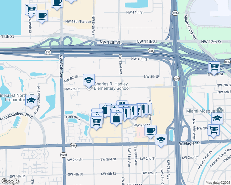 map of restaurants, bars, coffee shops, grocery stores, and more near 8251 Northwest 5th Lane in Miami
