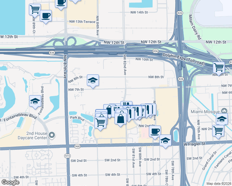 map of restaurants, bars, coffee shops, grocery stores, and more near 8251 Northwest 5th Lane in Miami
