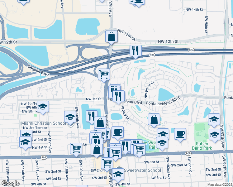map of restaurants, bars, coffee shops, grocery stores, and more near 720 Northwest 106th Avenue in Miami