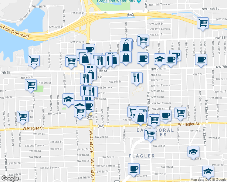 map of restaurants, bars, coffee shops, grocery stores, and more near 3935 Northwest 4th Street in Miami