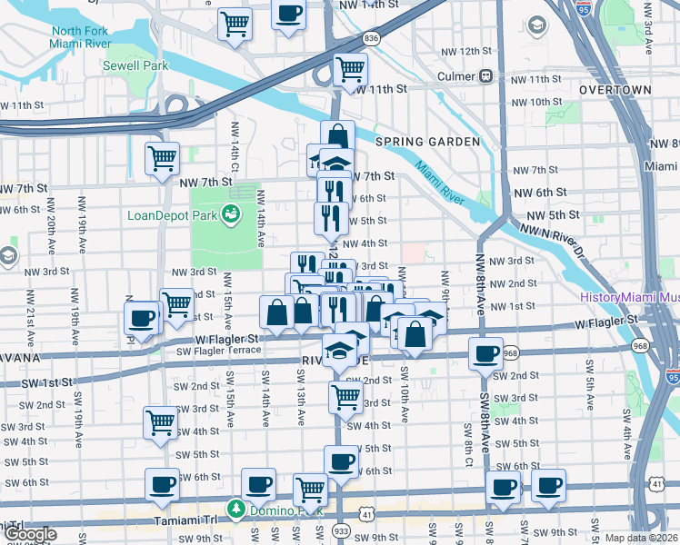 map of restaurants, bars, coffee shops, grocery stores, and more near 1152 Northwest 3rd Street in Miami