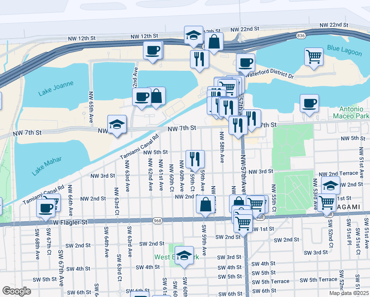 map of restaurants, bars, coffee shops, grocery stores, and more near 5970 Northwest 5th Street in Miami