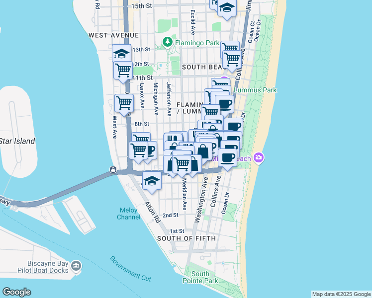 map of restaurants, bars, coffee shops, grocery stores, and more near 741 6th Street in Miami Beach
