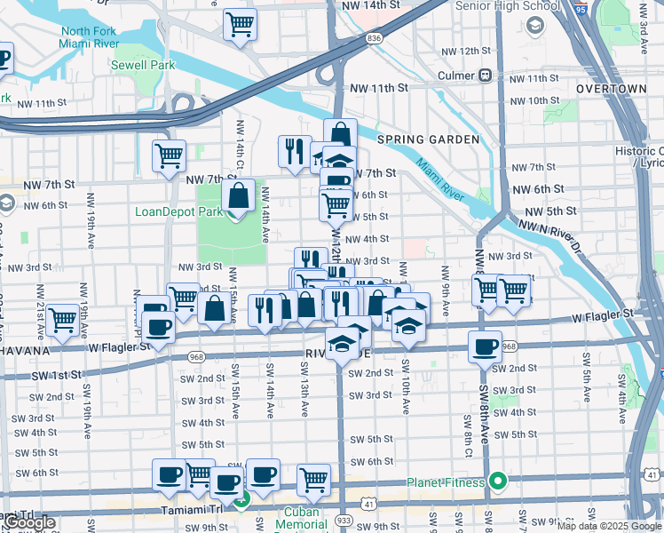 map of restaurants, bars, coffee shops, grocery stores, and more near 1240 Northwest 3rd Street in Miami