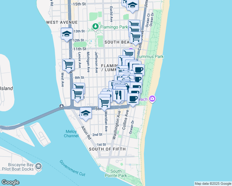 map of restaurants, bars, coffee shops, grocery stores, and more near 619 Euclid Avenue in Miami Beach