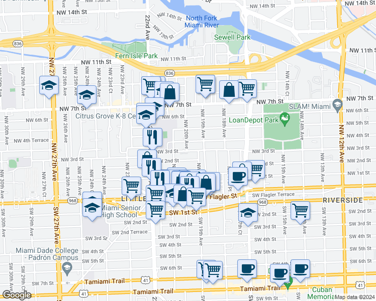 map of restaurants, bars, coffee shops, grocery stores, and more near 1922 Northwest 3rd Street in Miami