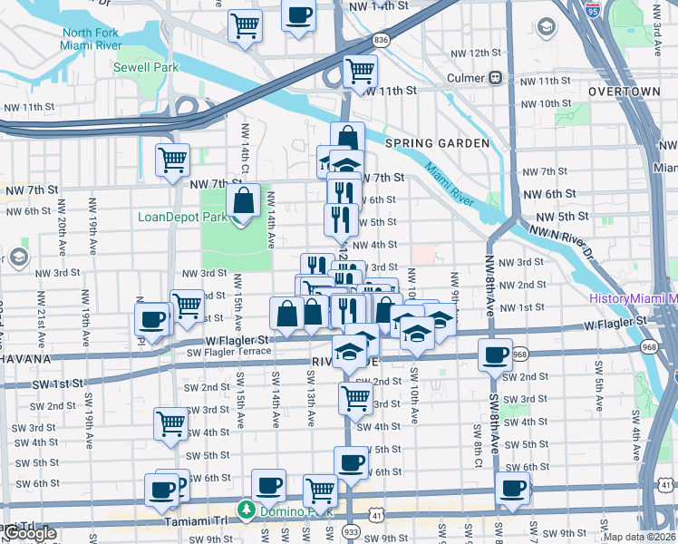 map of restaurants, bars, coffee shops, grocery stores, and more near 1240 Northwest 3rd Street in Miami