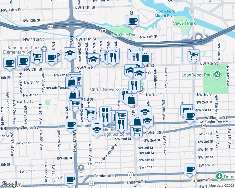 map of restaurants, bars, coffee shops, grocery stores, and more near 2365 Northwest 4th Street in Miami