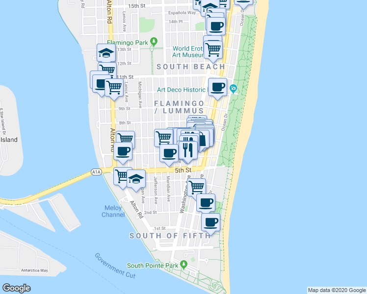 map of restaurants, bars, coffee shops, grocery stores, and more near in Miami Beach