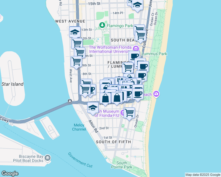 map of restaurants, bars, coffee shops, grocery stores, and more near 741 6th Street in Miami Beach