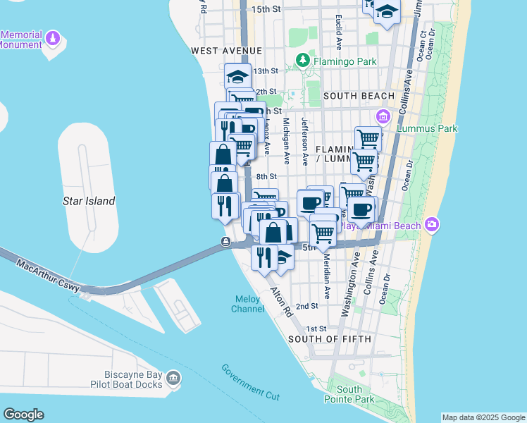 map of restaurants, bars, coffee shops, grocery stores, and more near in Miami Beach