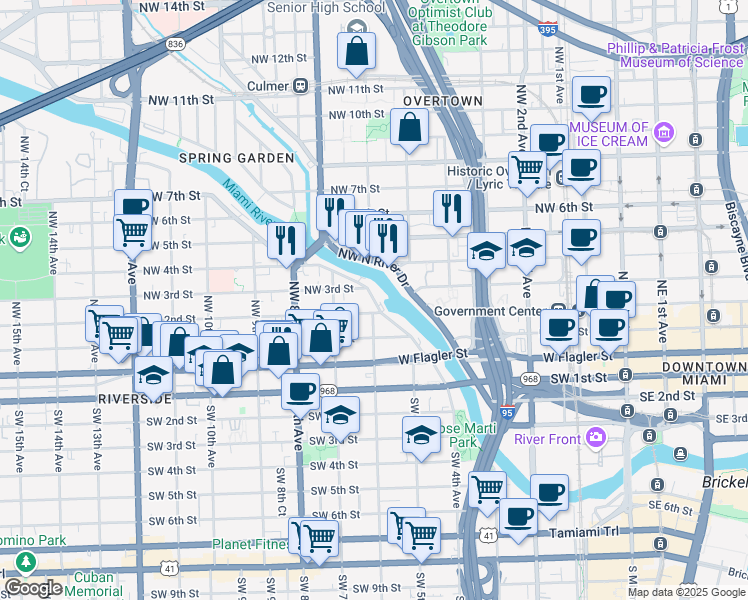 map of restaurants, bars, coffee shops, grocery stores, and more near 619 Northwest 2nd Street in Miami