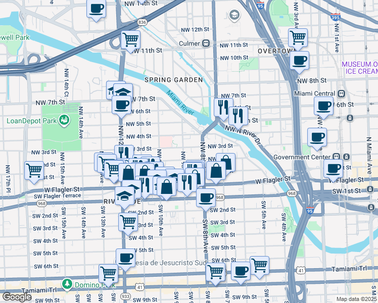 map of restaurants, bars, coffee shops, grocery stores, and more near 221 Northwest 9th Avenue in Miami