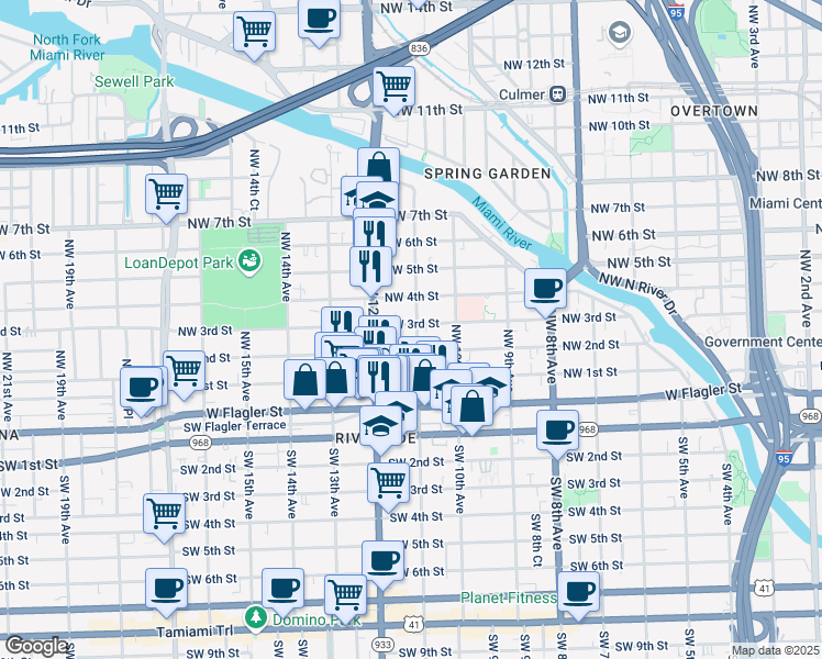 map of restaurants, bars, coffee shops, grocery stores, and more near 1152 Northwest 3rd Street in Miami