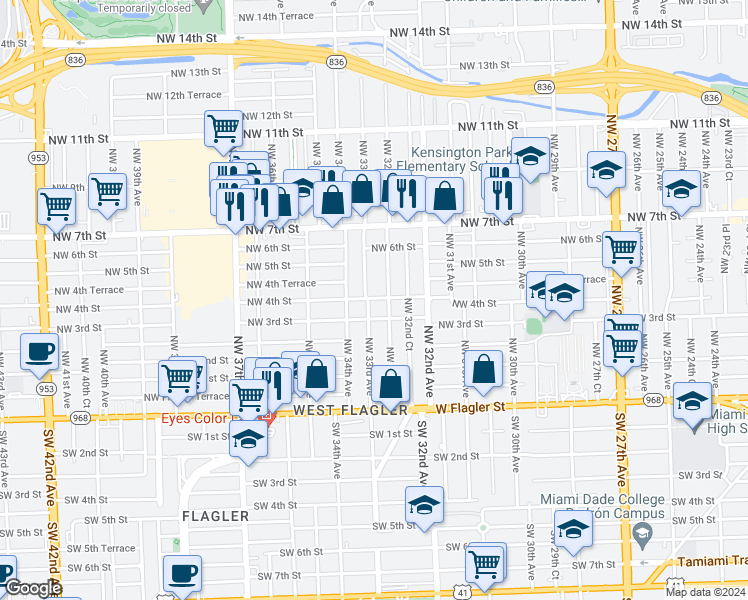 map of restaurants, bars, coffee shops, grocery stores, and more near 318 Northwest 33rd Avenue in Miami