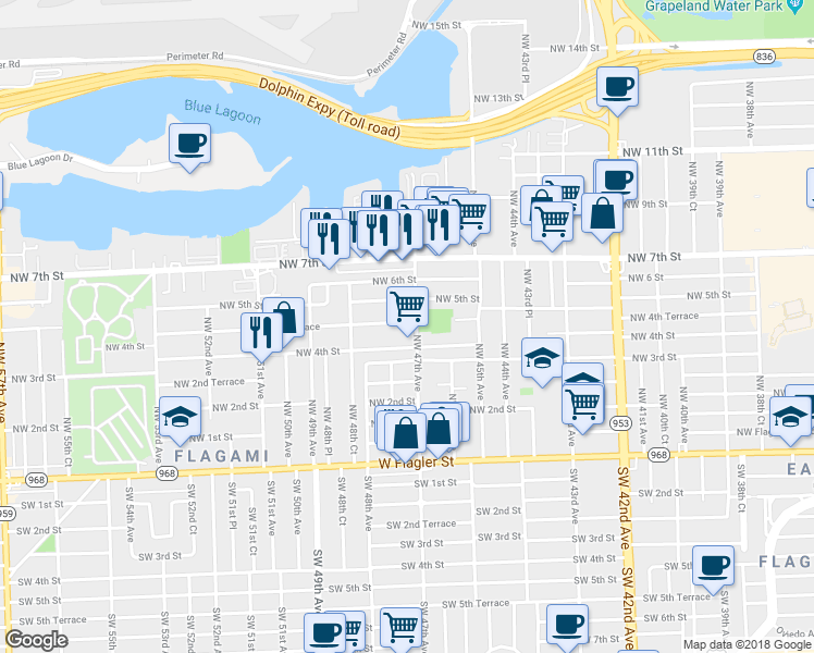 map of restaurants, bars, coffee shops, grocery stores, and more near 4710 Northwest 4th Terrace in Miami