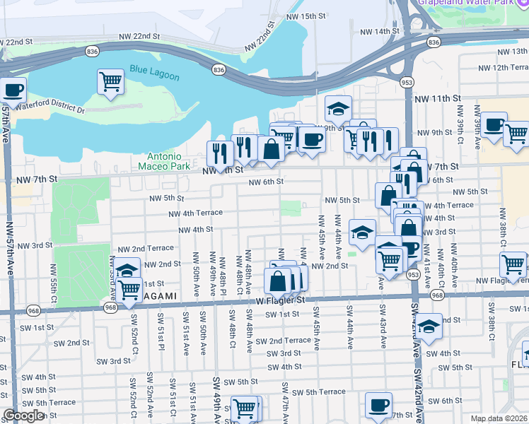 map of restaurants, bars, coffee shops, grocery stores, and more near 4710 Northwest 4th Terrace in Miami
