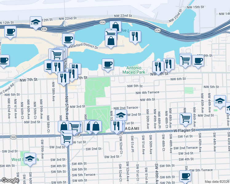 map of restaurants, bars, coffee shops, grocery stores, and more near 5273 Northwest 4th Terrace in Miami
