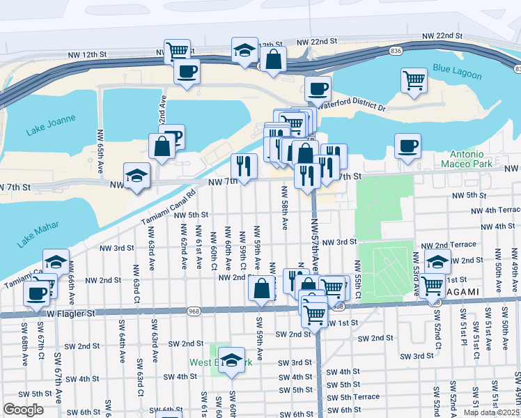 map of restaurants, bars, coffee shops, grocery stores, and more near 490 Northwest 59th Avenue in Miami