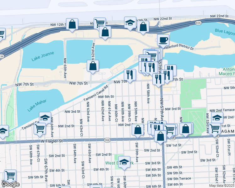 map of restaurants, bars, coffee shops, grocery stores, and more near 6081 Northwest 5th Street in Miami