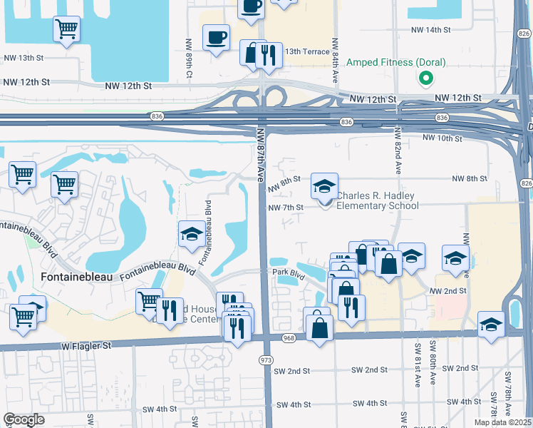map of restaurants, bars, coffee shops, grocery stores, and more near 506c Northwest 87th Avenue in Miami