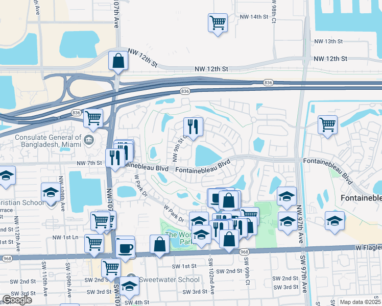 map of restaurants, bars, coffee shops, grocery stores, and more near 10211 Fontainebleau Boulevard in Miami