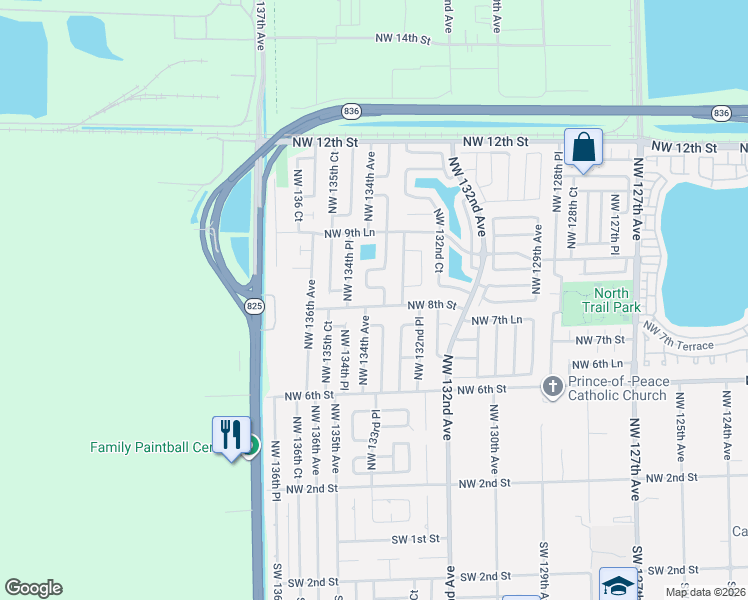 map of restaurants, bars, coffee shops, grocery stores, and more near 13390 Northwest 8th Street in Miami