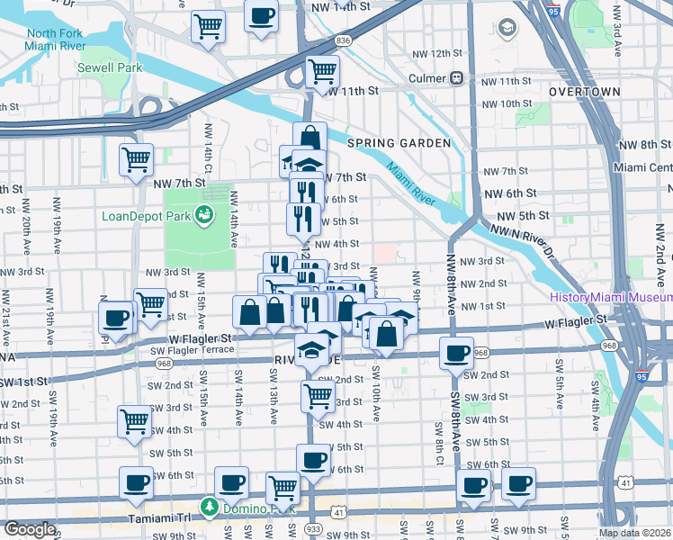 map of restaurants, bars, coffee shops, grocery stores, and more near 1152 Northwest 3rd Street in Miami
