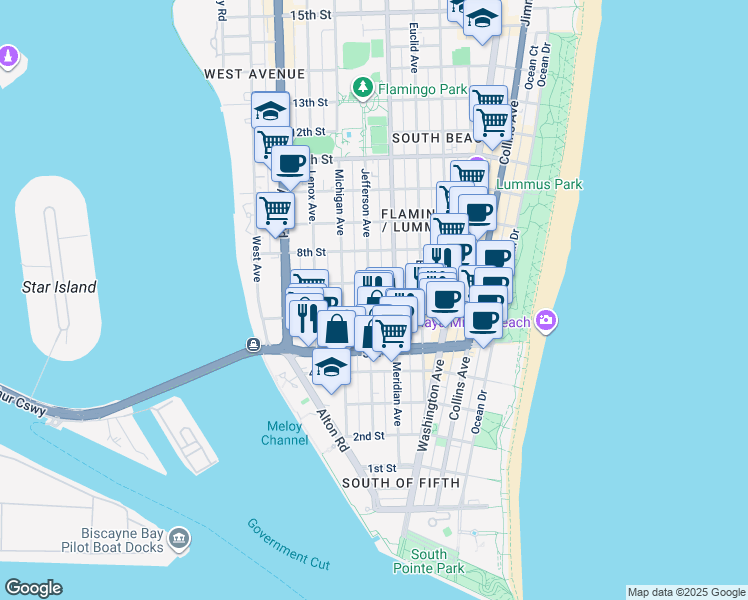 map of restaurants, bars, coffee shops, grocery stores, and more near 610 Jefferson Avenue in Miami Beach