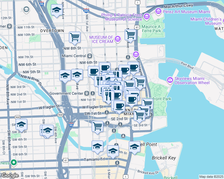 map of restaurants, bars, coffee shops, grocery stores, and more near 36 Northeast 2nd Street in Miami