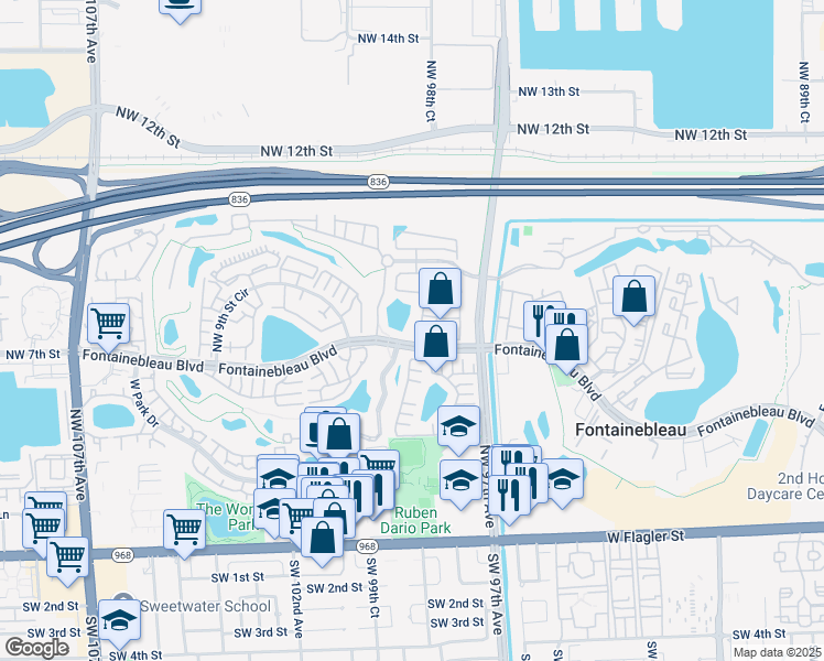 map of restaurants, bars, coffee shops, grocery stores, and more near 9741 Fontainebleau Boulevard in Miami