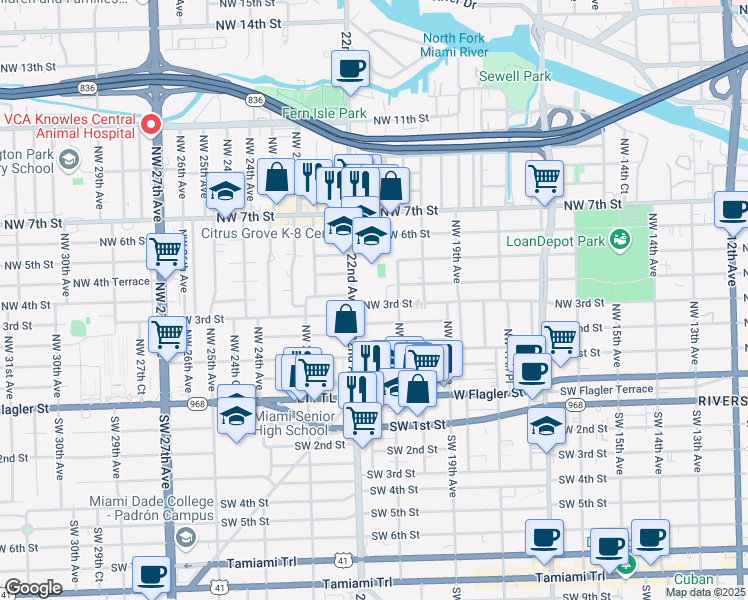 map of restaurants, bars, coffee shops, grocery stores, and more near 2153 Northwest 3rd Street in Miami